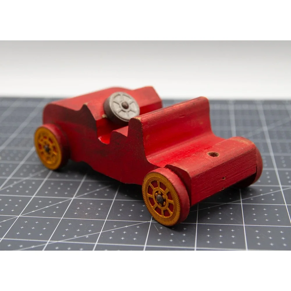 Vintage Red Wooden Toy Car Roadster Primitive Collectible‎ Yellow Spoked Wheels